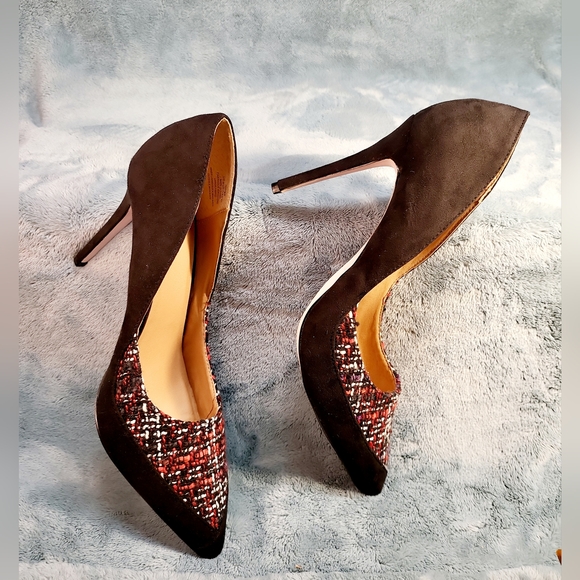 👠🖤🔥NEW Just Fab Suede Woven Black Red & White High Heels Sz 9 - Picture 6 of 14